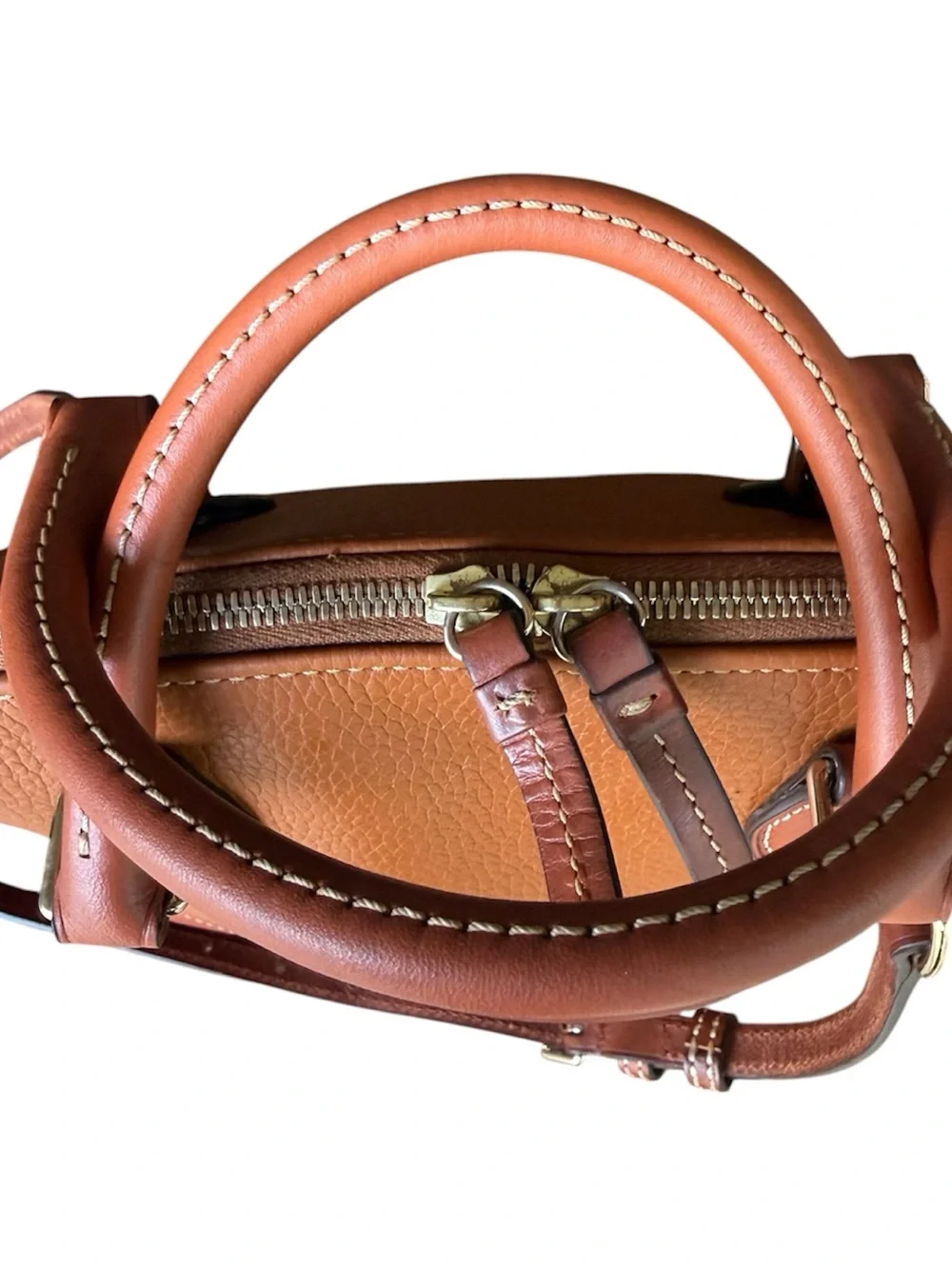 Dooney & Bourke Cognac Pebbled Leather Satchel with Crossbody Strap Dome Zip Zip